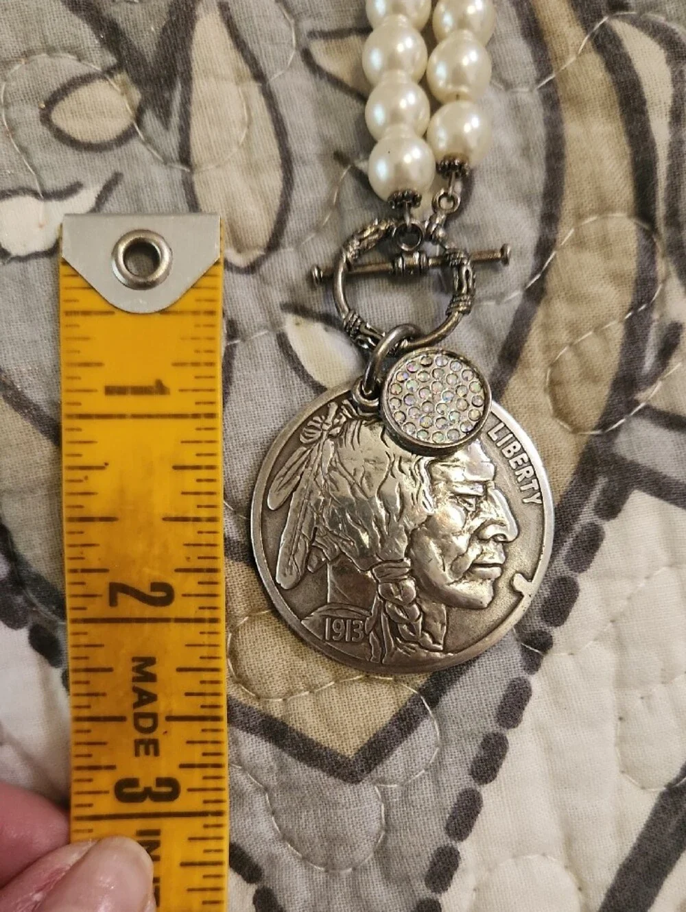 Boutique White Pearl Necklace with Buffalo Nickel Pendant